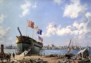 John Stobart Print - Portsmouth: Preparing To Launch John Paul Jones' Sloop - Picture 1 of 7