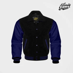 Black body Navy Blue Sleeves Premium Varsity Jacket Letterman Baseball College - Picture 1 of 5