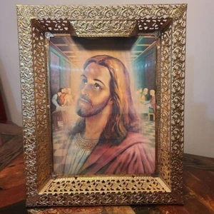Holograma 3D iluminado vintage Jesús crucifixión arte lenticular enmarcado de metal - Imagen 1 de 4