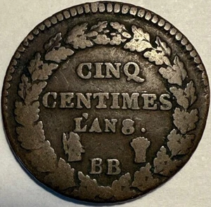 FRANCE - 5 Centimes BB LAN 8 (1799-1800) Strasbourg - Km-640.4 - Bronze Coin! - Picture 1 of 2