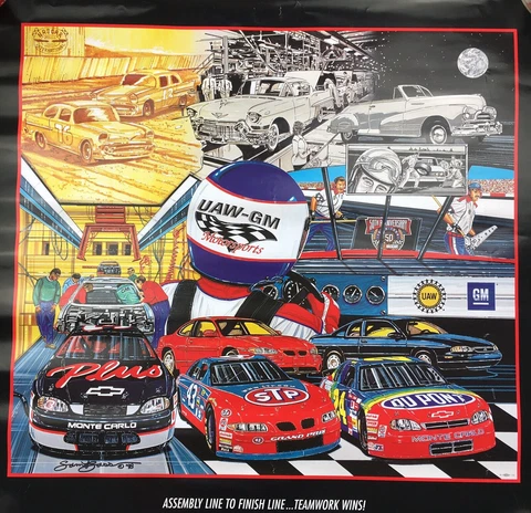 Sam Bass *Signed Poster 1998 * Essembly to Finish Line Teamwork Nice Rare UAW GM Cover