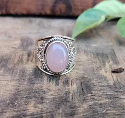 Rose Quartz Gemstone Ring Solid 925 Sterling Silver Handmade Ring All Size MK* - Image 1 of 4