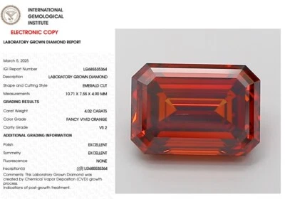 4.02 Emerald Lab Grown For Diamond Engagement Ring IGI Fancy Vivid Orange VS2 - Image 1 of 4
