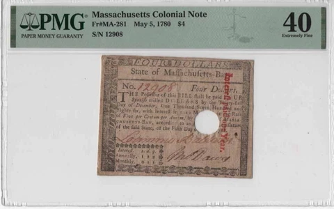 1780 $4 Massachusetts MA Colonial Currency note signed by Loammi Baldwin Cover