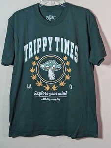 Trippy Times 420 Mary Jane Shroom Psychedelic Hippie Green Large Graphic T-Shirt - Bild 1 von 4