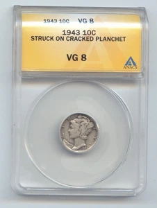 1943 Mercury Dime Error, Struck on Cracked Planchet, ANACS VG-8 - Picture 1 of 2
