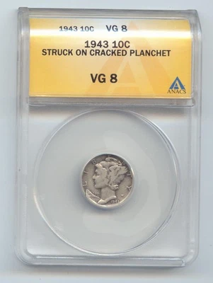 1943 Mercury Dime Error, Struck on Cracked Planchet, ANACS VG-8 - Image 1 of 2