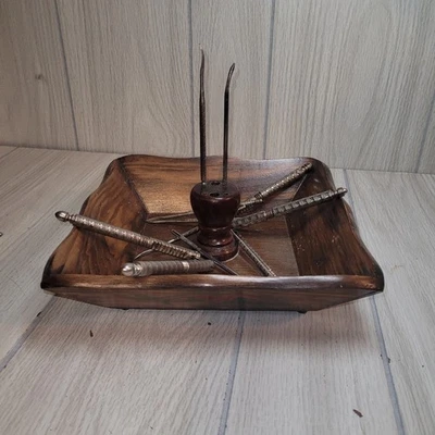 Vtg Hand Painted Wood Nut Bowl With Shell Cracking Tool Holiday Design Christmas - Image 1 of 4