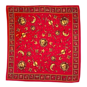 Vintage Unmarked Red Celestial Sun Zodiac Silk Hand Stitched Rolled Edges Scarf - Picture 1 of 8