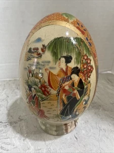 Vintage Japanese Satsuma Egg Earthenware Pottery Handcrafted Geisha Floral - Picture 1 of 10