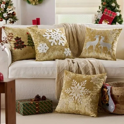 Elegant Gold Embroidered Snowflake Velvet Pillow Cover 18x18 for Holidays - Image 1 of 4