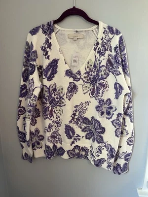 LOFT, Suéter Para Mujer L Blanco Púrpura Floral Tejido con Cable Cuello en V Manga Larga  Foto 1 de 4