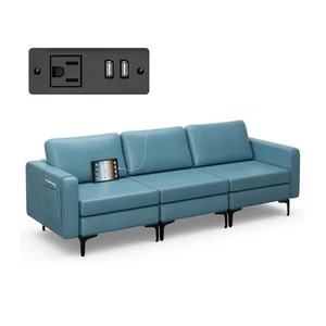 Modular 3-Seat Sofa Couch w/Remote Control Caddy Holder & USB Ports Blue - Picture 1 of 10