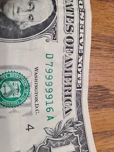 79999916. $1 FRN Fancy 5 In A Row 9s Serial Number.  99999 - Picture 1 of 3