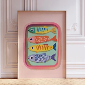 Retro Pink Sardines in Tin Coastal Kitchen Food Wall Art Print Poster - Picture 1 of 6