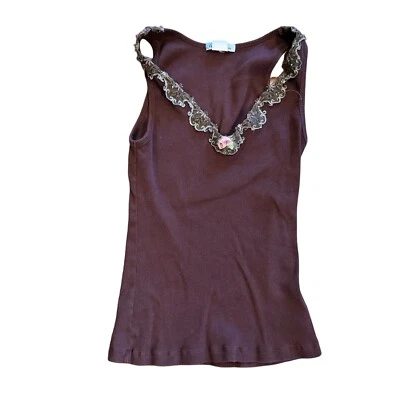 Vintage 90s Y2K Tank Top Fairycore Whimsy Ribbed lace size Large Made usa - Image 1 of 4