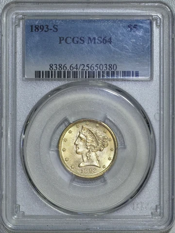 1893-S PCGS MS64 PQ+ Liberty $5 Gold Half Eagle, a bright super lustrous piece Cover
