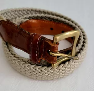 Cintura uomo Martin Dingman tessuto elastico 34 beige intrecciata pelle marrone ottone - Foto 1 di 12