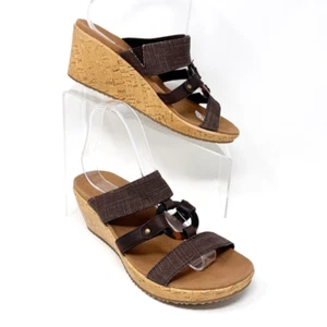 Skechers Womens Lux Foam Brown Canvas Wedge Slip On Sandal Size 9 - Picture 1 of 12