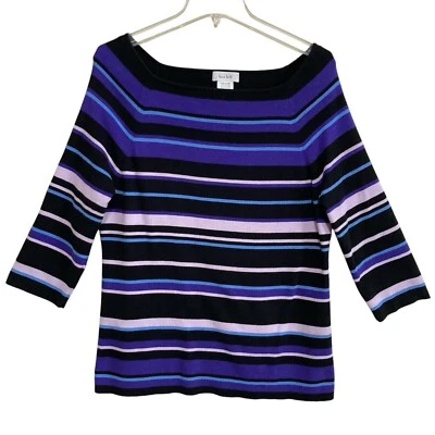 Kate Hill Knit Sweater Women Size XL Purple Black Striped Square Neck 3/4 Sleeve - Image 1 of 4
