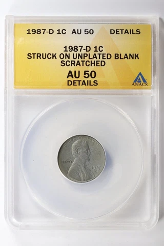 1987-D Lincoln Memorial Cent Struck on Unplated Blank ANACS AU50 Details 1c Cover