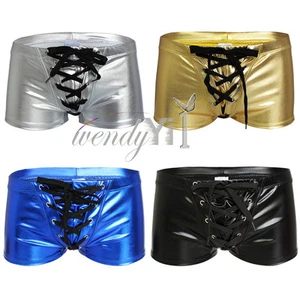 Sexy Men Leather Wetlook Boxer Brief Short Swimwear Shiny Underwear Bikini Trunk - Picture 1 of 10