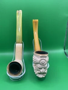TURKISH OLD MAN CARVED Vintage And Rare 2 Pipes Same Material *FREE SHIPPING* - Picture 1 of 20