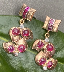 14K White 18K Rose Gold Ruby Cabochon Diamond Dangle Vintage Earrings Art Deco - Picture 1 of 23