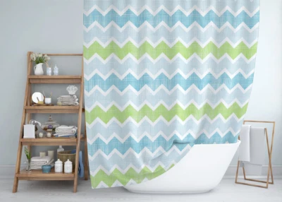 TROPIK HOME Extra Long or Wide Fabric Shower Curtain with Blue and Green ZigZag Pattern