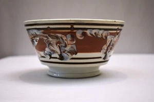 Ancien Mochaware Bol Earthworm Design Slip Décoré Marron Bande 14x6.3cm - Picture 1 of 9