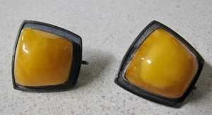 Russian Soviet Large Egg Yolk Real Amber Silver Ear clips screw Клипсы Янтарь - Picture 1 of 8