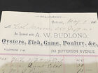 vintage 1886 A W huîtres Budlong jeu de poisson papier à en-tête de volaille détroit michigan