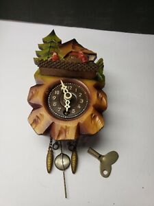 VINTAGE GERMAN MINIATURE CUCKOO CLOCK WIND UP WITH KEY GNOME ELVES THEME
