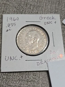 1960 Greek 20 Drachmai Unc Greece .835 Silver - Picture 1 of 3