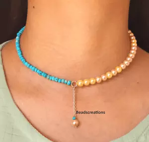 Collar de cadena de perlas doradas y turquesa con cuentas joyería regalo ella - Imagen 1 de 5