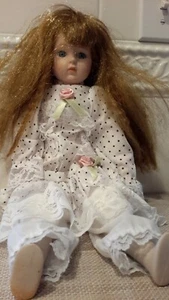 The Heritage MinT LTD Doll Blonde Hair Blue Eyes Polka Dot Dress Porcelain 15" - Picture 1 of 7