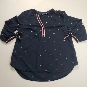 Tommy Hilfiger Women's Popover Shirt Navy Blue Small Printed 3/4 Tie-Sleeve - Picture 1 of 7