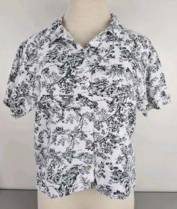 Subtle Tones Womens Black & White Toile 100% Linen Button Down Top Size 2 M/L - Picture 1 of 10