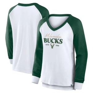 Women's Fanatics White Milwaukee Bucks Open Lane Waffle Long Sleeve V-Neck - Picture 1 of 3