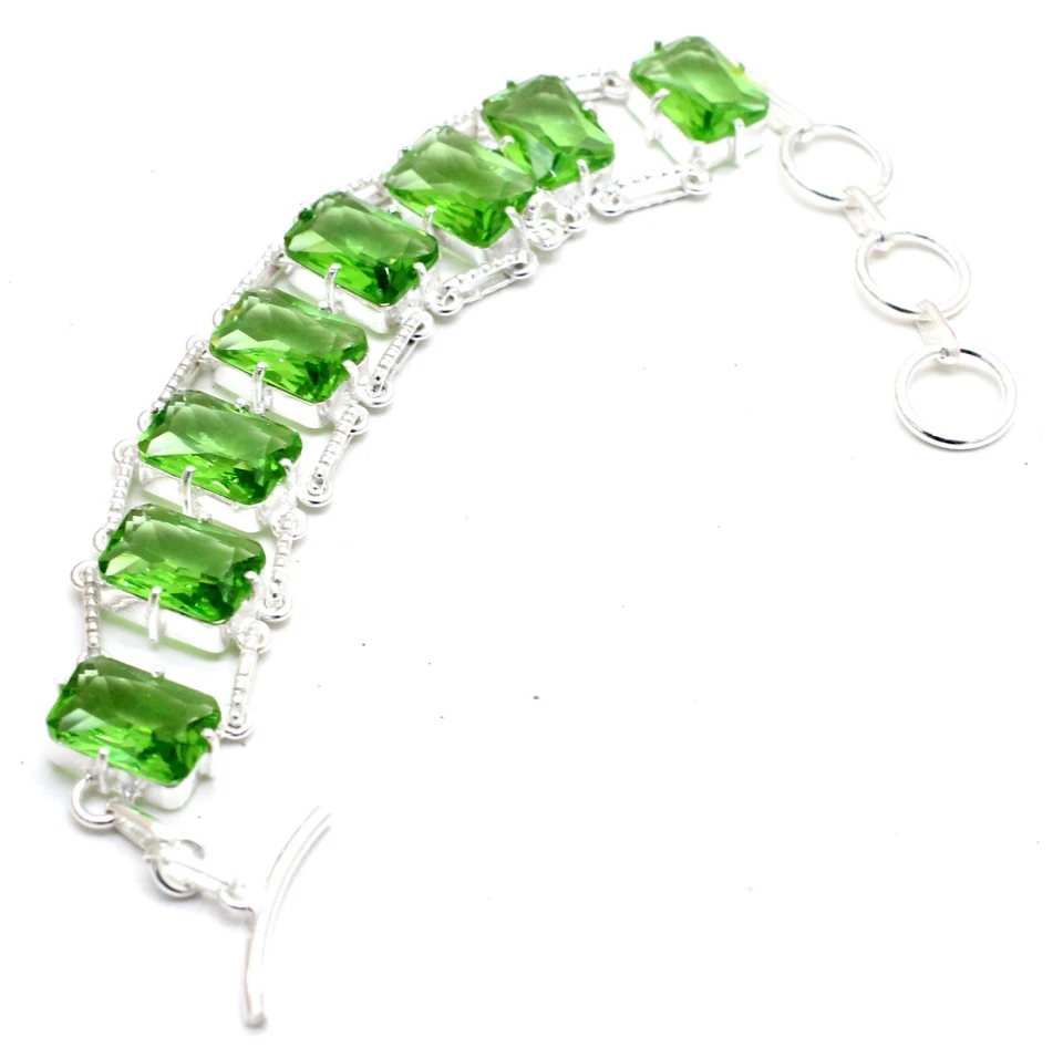 Green Peridot Gemstone Handmade 925 Sterling Silver Jewelry Bracelet Size-7-8" - Image 1 of 2