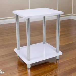 Small 2 Tier White Gloss Finish Side Table with Shelf Bedroom Coffee End Table - Picture 1 of 6