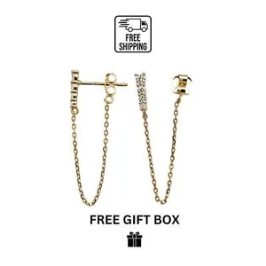 14k yellow gold CZ push back earring with chain - Picture 1 of 3