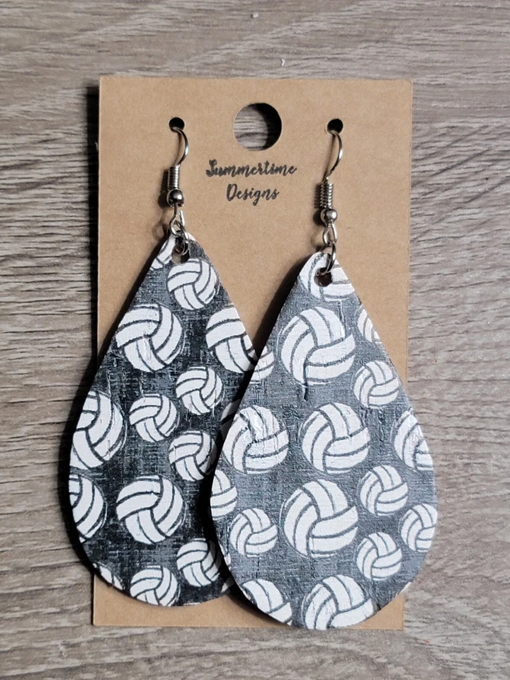 GENUINE Leather Backed Cork Teardrop Earrings Volleyball 2.5" - Image 1 of 1