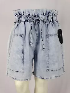 New Women Denim Lt Blue Washed High Rise Paperbag Drawstring Plus Size Shorts - Picture 1 of 2
