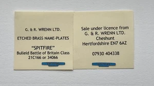 WRENN Etched model railway Name Plates for Bulleid Battle of Britain "SPITFIRE" - Foto 1 di 2