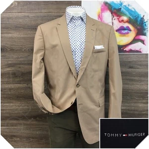 TOMMY HILFIGER Mens Blazer Sport Coat Casual Jacket Size 48L Khaki Cotton Suit - Picture 1 of 14