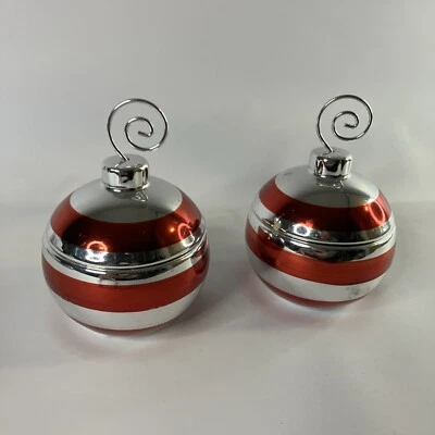 Pair of Silver and Red Striped Christmas Ball Ornament Candles Cinnamon Scented - Image 1 of 4