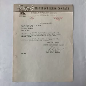 1946 Grizzly Manufacturing Company Letter Letterhead Bear Logo - Brake Lining - Picture 1 of 5