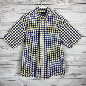 Roper Mens Button Down Shirt Size Large Blue Yellow Plaid Short Sleeve