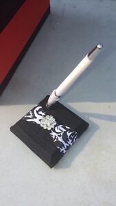 Damask Wedding Guest Book Pen With Stand Black White Crystal Embellishment
